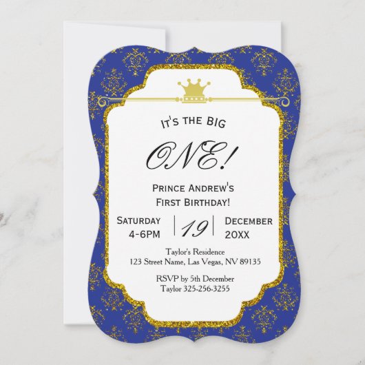Prince First Birthday Invitation d'or de bleu (Devant)