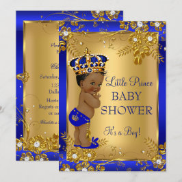 Prince Jongen Baby Shower Goud Blauw Afro-Amerikaa Kaart
