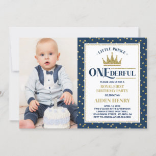 Prince ONEderful First Birthday Invitation, Blue Kaart