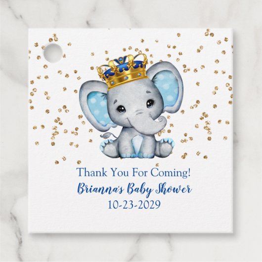Prince Royal Blue Gold Olifant Boy Baby shower Fa Bedankjes Labels (Voorkant)
