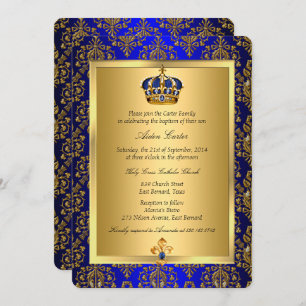 Prince Royal Blue Regal Crown Baptism Invite Kaart
