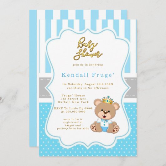 Prince Teddy Bear Baby Boy Shower Invitations (Devant / Derrière)