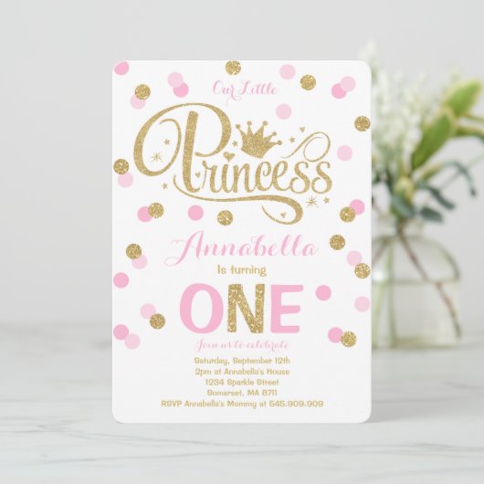 Princess 1st Birthday Invitation roze Gold Invite Kaart (Staand voorkant)