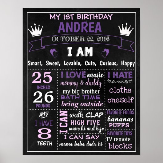 Princess 1st First Birthday chalkboard paars Poster (Voorkant)