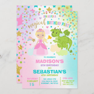 Princess and Dragon Birthday Invitation Siblings Kaart