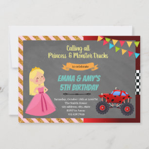 Princess and monster truck joint party Invitation Kaart