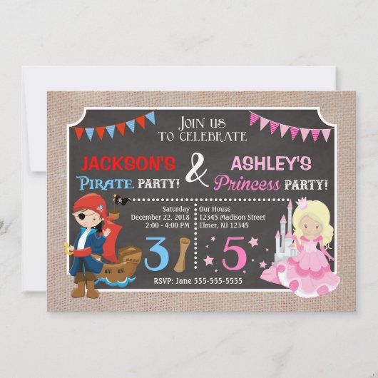 Princess and Pirate Joint BIrthday Invitation Kaart (Voorkant)
