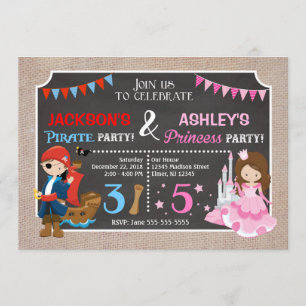 Princess and Pirate Joint BIrthday Invitation Kaart