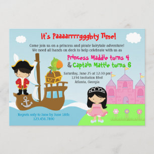 Princess and Pirate Twins Joint Birthday Party Kaart