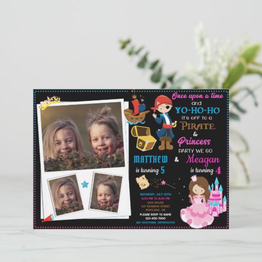 Princess and Pirate-verjaardagsuitnodiging Twee th Kaart (Staand voorkant)