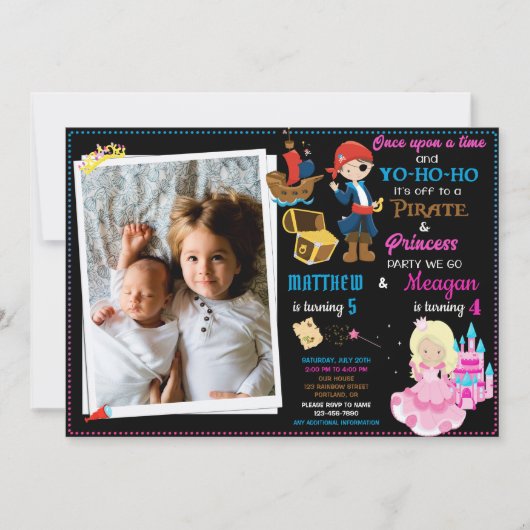 Princess and Pirate-verjaardagsuitnodiging Twee th Kaart (Voorkant)