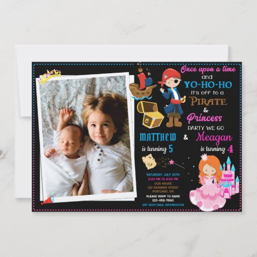Princess and Pirate-verjaardagsuitnodiging Twee th Kaart (Voorkant)