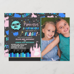 Princess and Superheld Birthday Invitation Kaart