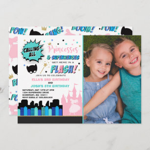 Princess and Superheld Birthday Invitation Kaart