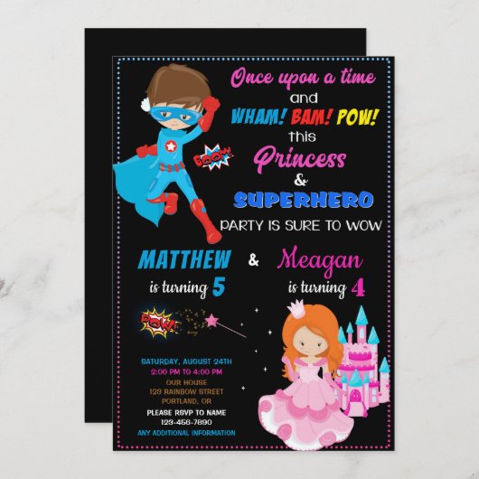 Princess and Superheldino's verjaardagsuitnodiging Kaart (Voorkant / Achterkant)