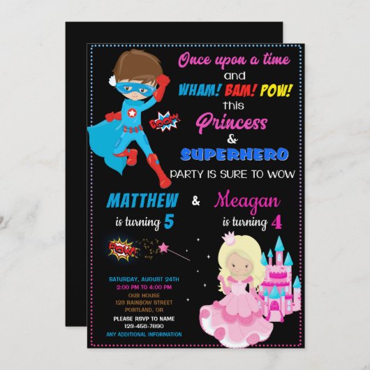 Princess and Superheldino's verjaardagsuitnodiging Kaart (Voorkant / Achterkant)