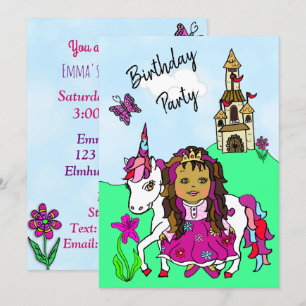 Princess and Unicorn Girl's Birthday Party Kaart