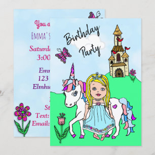 Princess and Unicorn Girl's Birthday Party Kaart