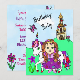 Princess and Unicorn Girl's Birthday Party Kaart