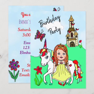 Princess and Unicorn Girl's Birthday Party Kaart