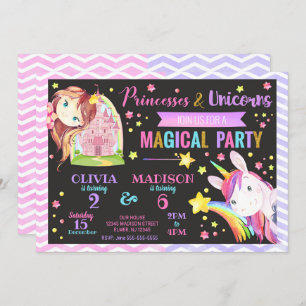 Princess and Unicorn Joint Birthday Invitation Kaart