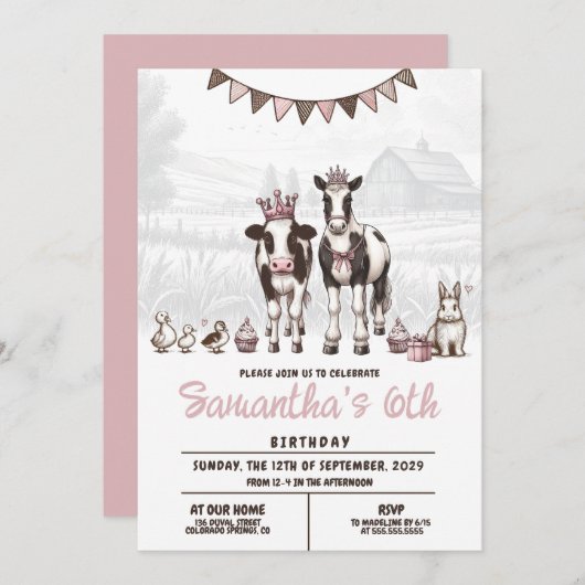 Princess Animals Birthday Party Invitation (Devant / Derrière)