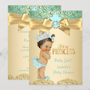 Princess Baby shower Blauwgroen Gold Damask Kaart