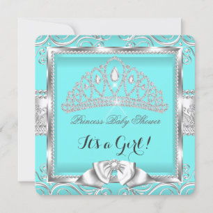 Princess Baby shower Girl Blauwgroen Silver damask Kaart