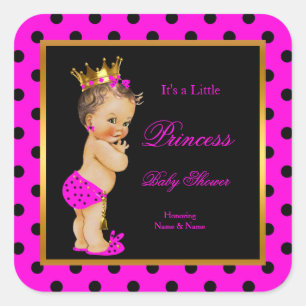 Princess Baby shower Meisje Hot Roze Zwart Brunett Vierkante Sticker