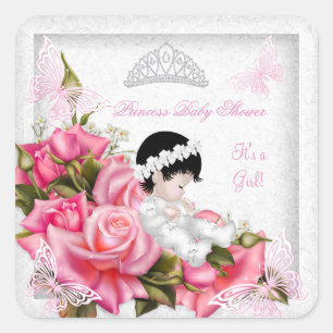 Princess Baby shower Meisje Vlinder Roze Roos 2 Vierkante Sticker