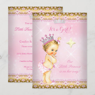 Princess Baby shower Pink Gold Lace Tiara Blonde Kaart