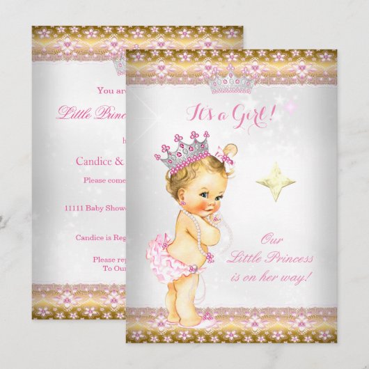 Princess Baby shower Pink White Gold Tiara Blonde Kaart (Voorkant / Achterkant)