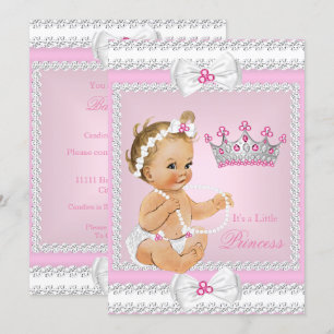 Princess Baby shower Pink White Pearls Bows Blonde Kaart