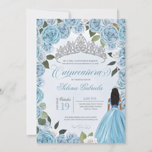 Princess Ball Blue Roses Quinceanera Invitation (Devant)