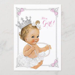 Princess Ballerina Tutu Pink Bow Pearl Baby shower Kaart