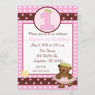 Princess Ballet Bear Girls 1er Birthday Invitation