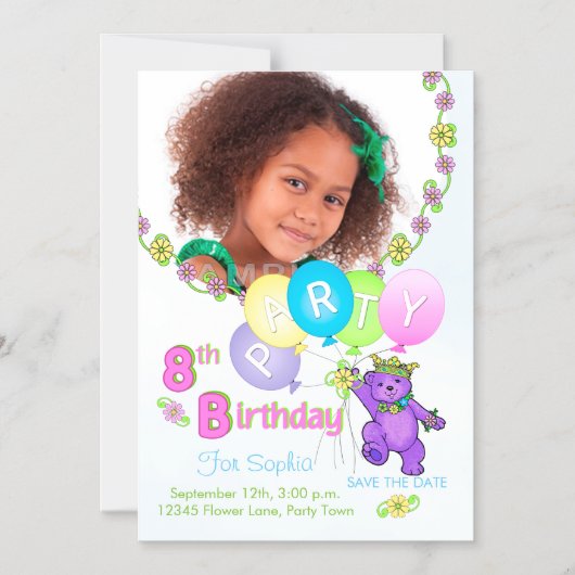 Princess Bear Custom 8th Birthday Party Invitation (Recto)