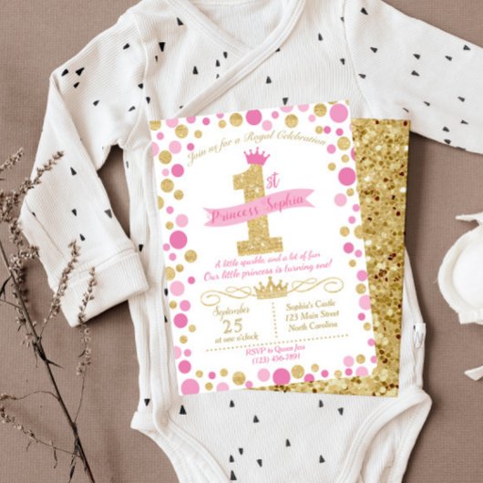 Princess Birthday Invitation Pink & Gold Kaart