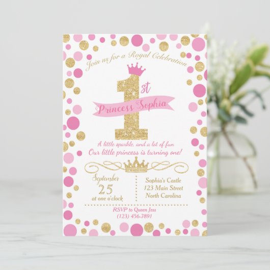 Princess Birthday Invitation Pink & Gold Kaart (Staand voorkant)