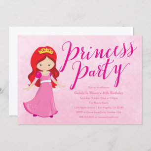 Princess Birthday Party Invitation - Redhead/Roze Kaart