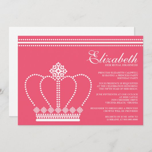 Princess Birthday Party Kaart (Voorkant / Achterkant)