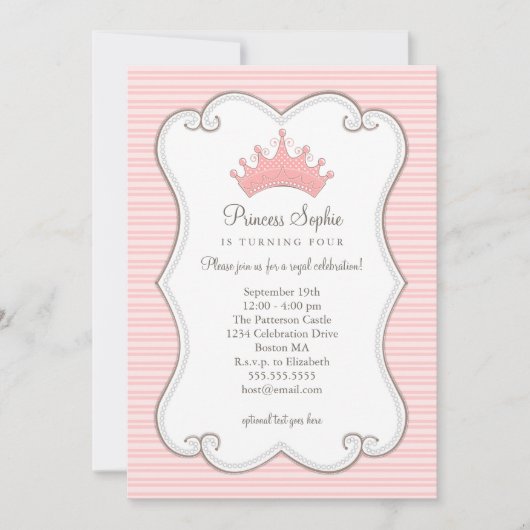 Princess Birthday Party Pink Crown Invitation Kaart (Voorkant)