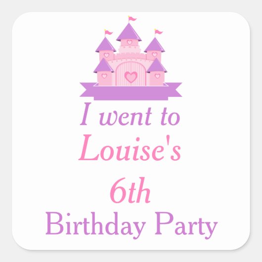 Princess Birthday Party Pink en Paars Vierkante Sticker (Voorkant)