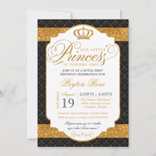 Princess Black & Gold Luxe Invitation d'anniversai (Devant)