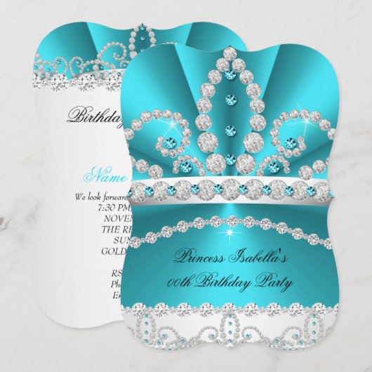 Princess Blauwgroen Blue Diamond Tiara Birthday Pa Kaart (Voorkant / Achterkant)