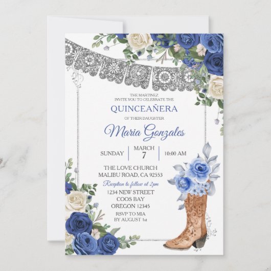 Princess Boot Silver Navy Quinceañera Invitation (Devant)