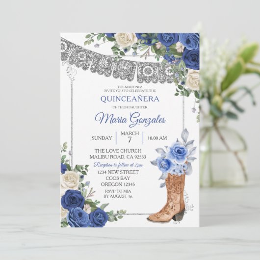 Princess Boot Silver Navy Quinceañera Invitation (Debout devant)