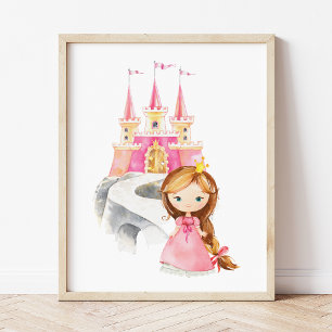 Princess, Brown Hair, Castle, Crown, Girl Nursery Foto Afdruk