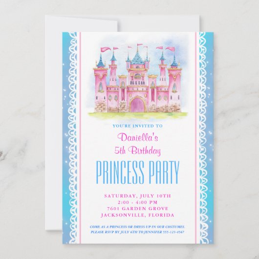 Princess Castle Anniversaire Invitation Bleu (Devant)