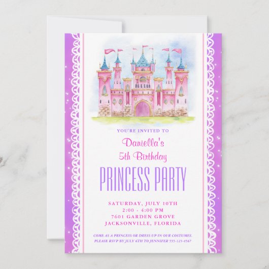 Princess Castle Anniversaire Invitation violet (Devant)